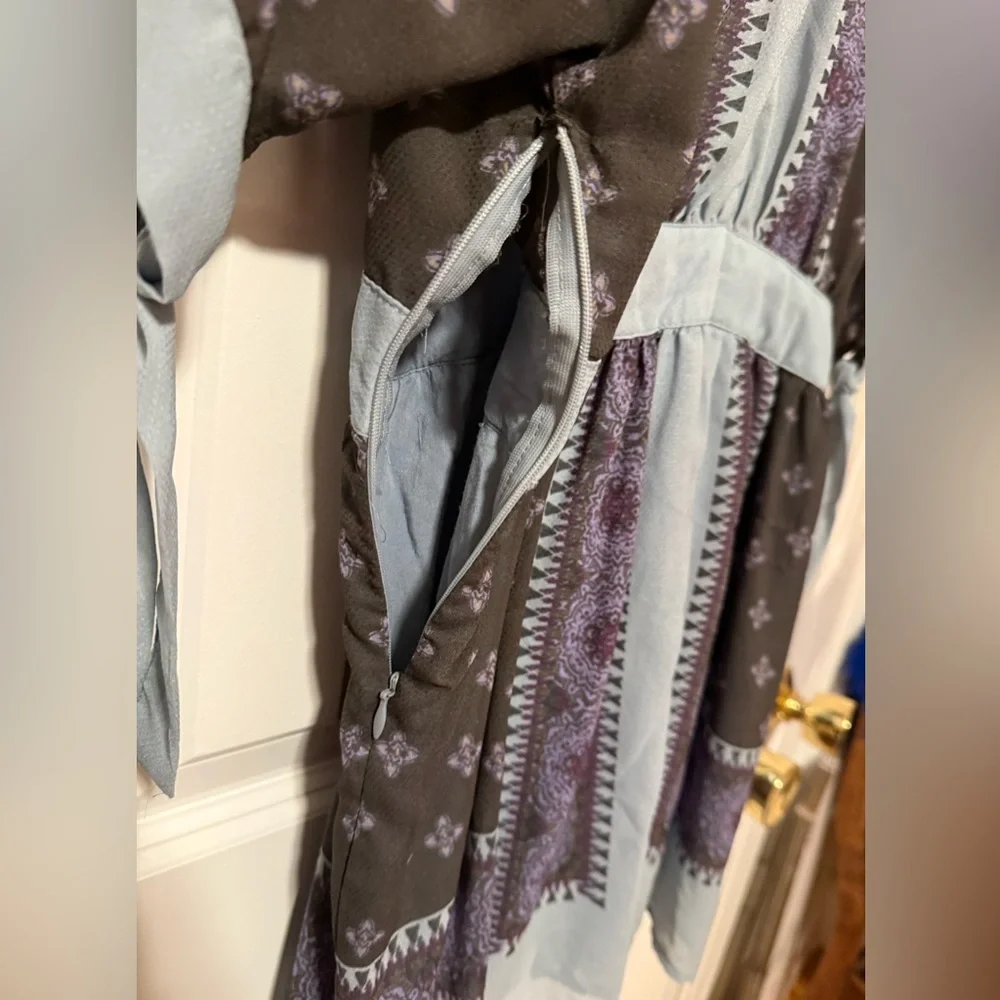 Free People Kimono Print Boho Festival Tunic Mini Dress XS Grey and Purple EUC